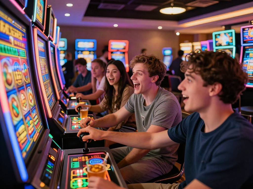 Excited friends enjoying a slot gacor hari ini experience at a lively casino.