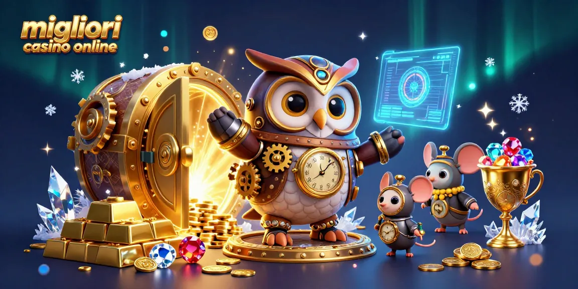 Esplora migliori casino online con una scena mozzafiato di un gufo viaggiatore nel tempo tra i tesori del casinò.