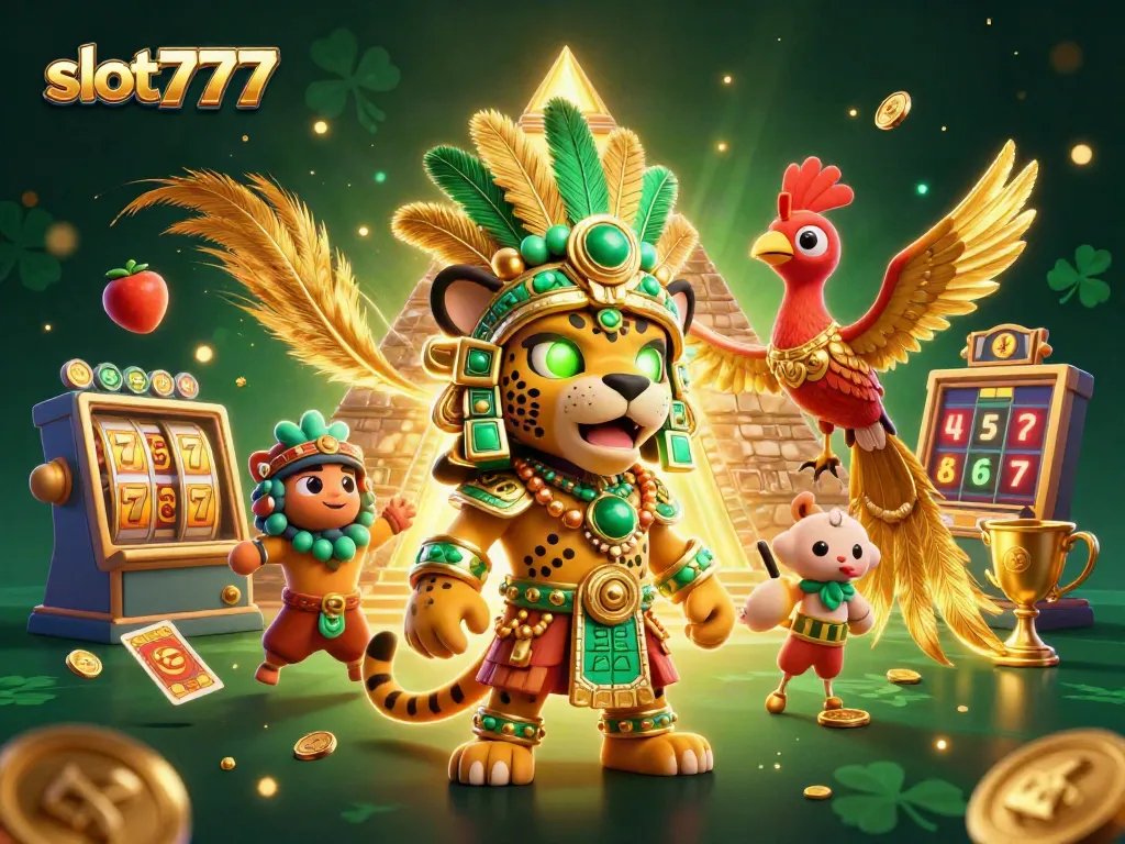 Permainan slot777 dengan simbol keberuntungan, jackpot, dan karakter menarik dalam ilustrasi kasino.