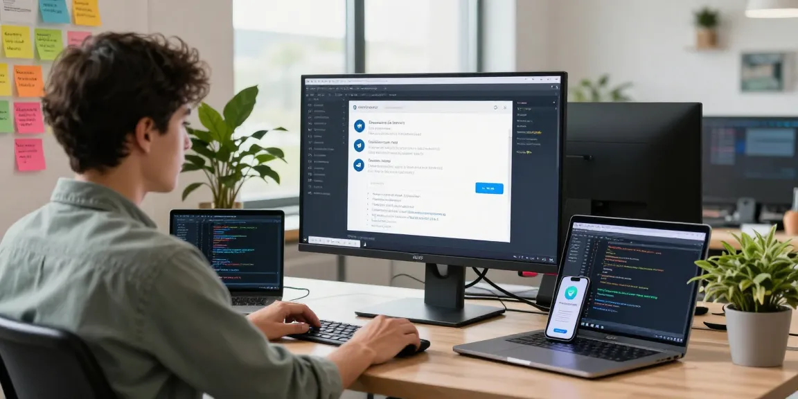 Enhancing communication with 纸飞机中文版 in a vibrant tech workspace, featuring coding and user interface design.