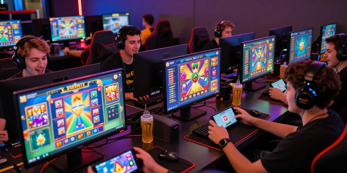 Experience the excitement of deposit pulsa tanpa potongan in a lively gaming environment with players enjoying colorful slot games.