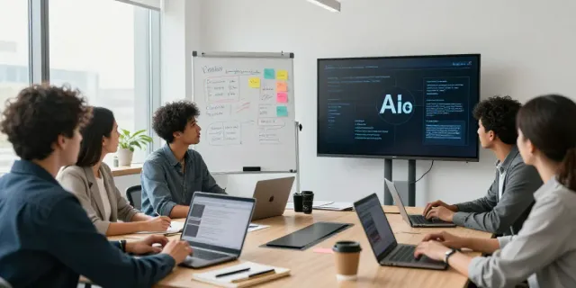 Diverse professionals collaborating on AI tools for opinion articles in a modern office setting.