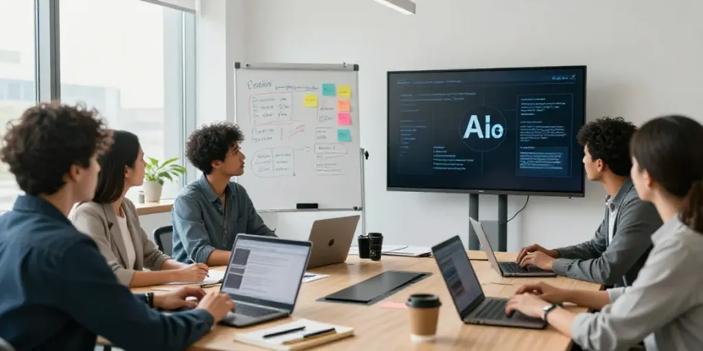 Diverse professionals collaborating on AI tools for opinion articles in a modern office setting.