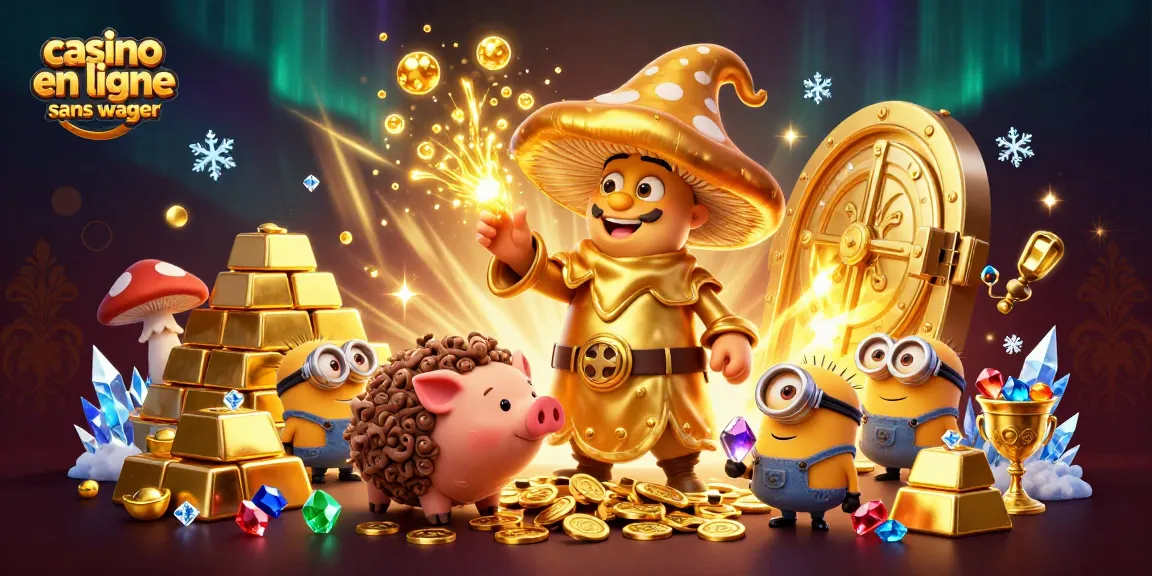 Profitez d'une scène magique de casino en ligne sans wager, remplie de trésors dorés et de personnages fantastiques.