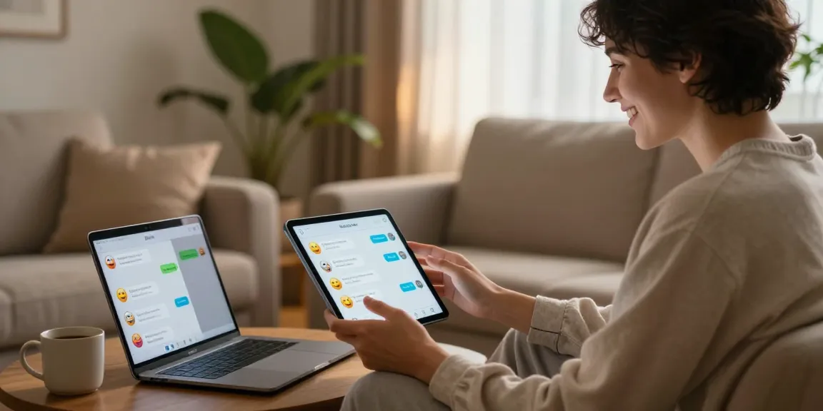 Engaging in a free AI sex chat on a tablet, cozy room with warm lighting.