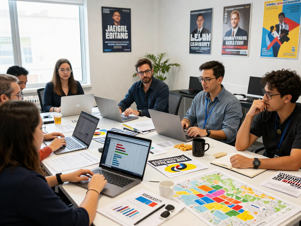 Strategists examining voter data for political reputation management in a collaborative office space.
