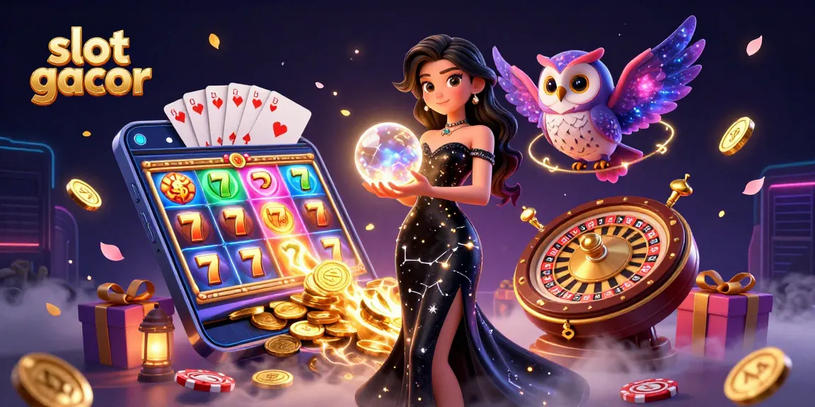 Engage with slot gacor opportunities through vibrant casino-themed illustration of a crystal ball and lucky symbols.
