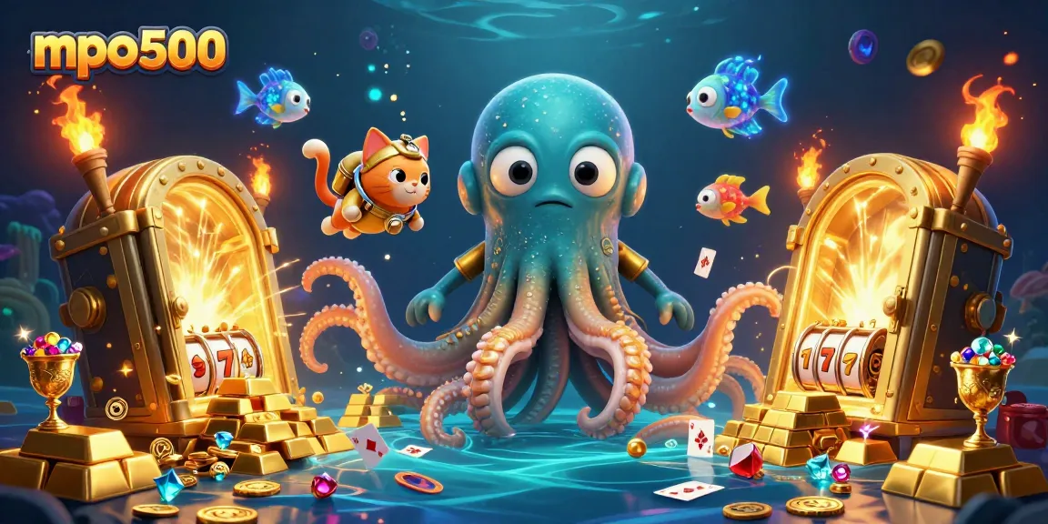 MPO500 players immerse in a thrilling underwater scene with a colossal kraken and treasures.