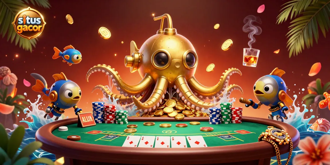 Engage with the exciting situs gacor scene featuring a golden kraken submarine, poker elements, and vibrant casino atmosphere.