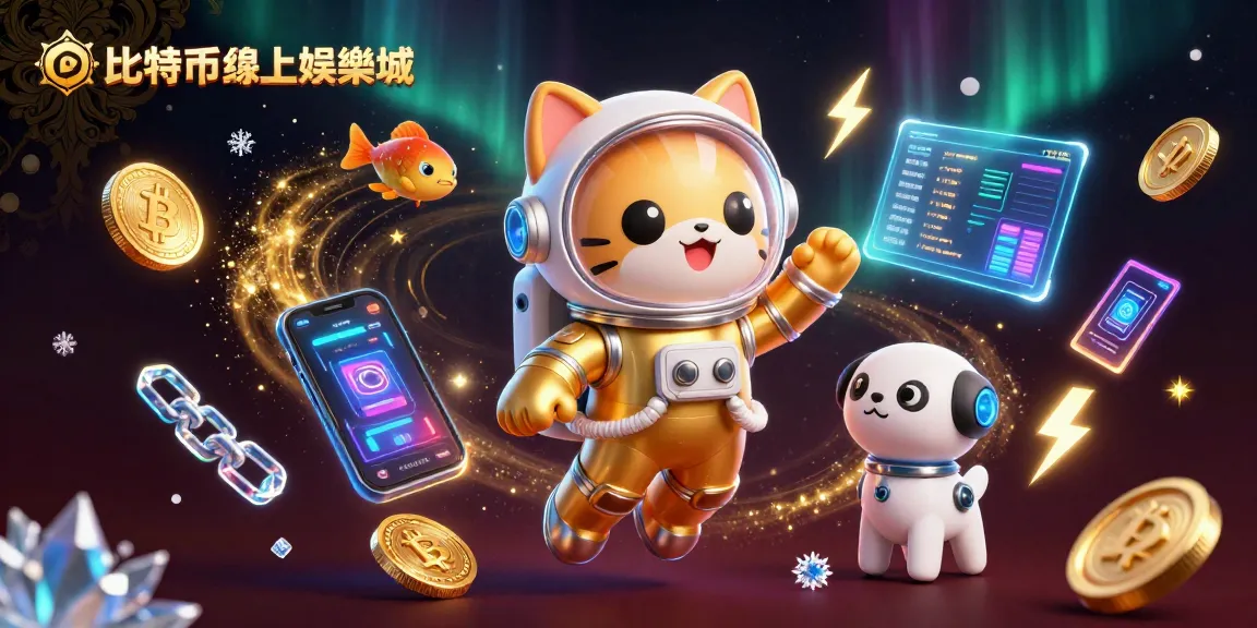 在比特幣線上娛樂城中，貓太空人和機器狗同遊於宇宙，呈現出迷人的賭博氛圍。