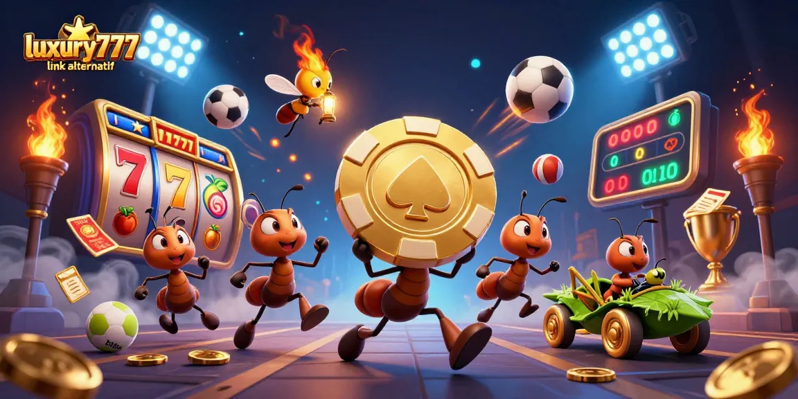 Engage with luxury777 link alternatif through a thrilling heist scene with playful ants and casino elements.