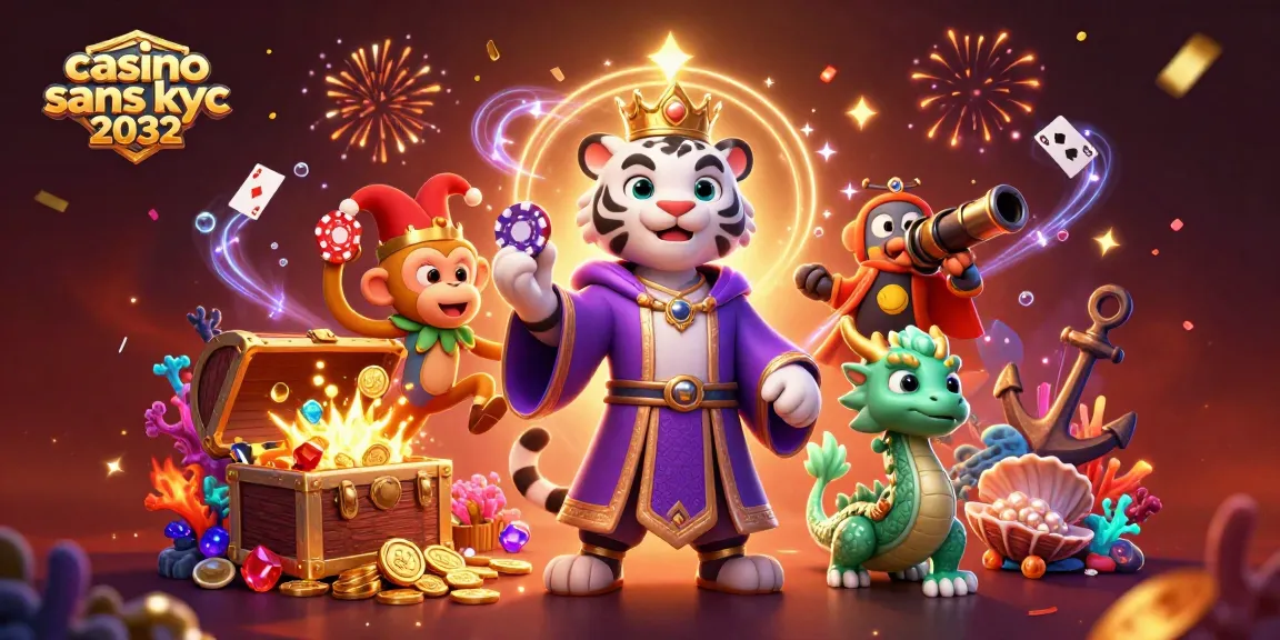Profitez de l'expérience unique d'un casino sans KYC 2032, avec des personnages ludiques et des éléments colorés.