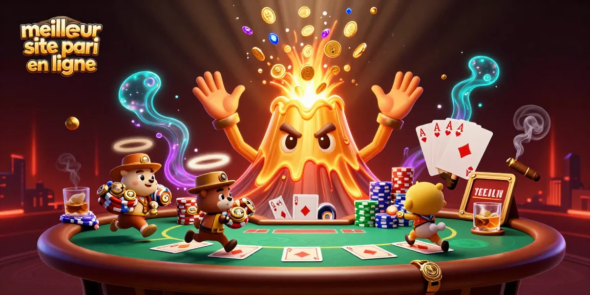 Pariez sur le meilleur site pari en ligne avec des personnages de casino animés et un volcan doré.
