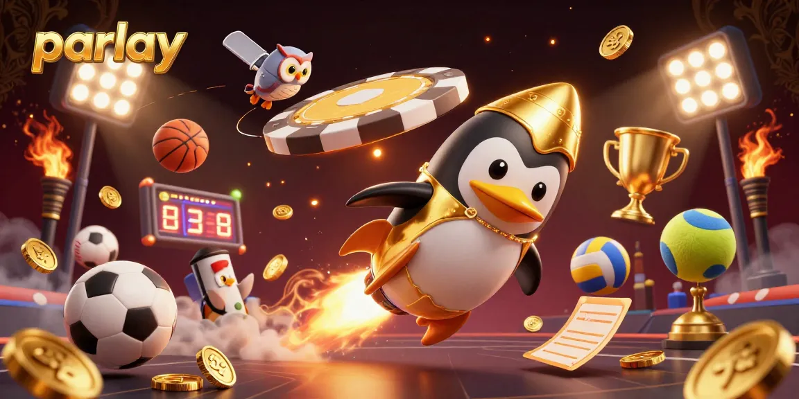 Engage in thrilling parlay betting with a golden penguin and sports elements in a dynamic casino scene.
