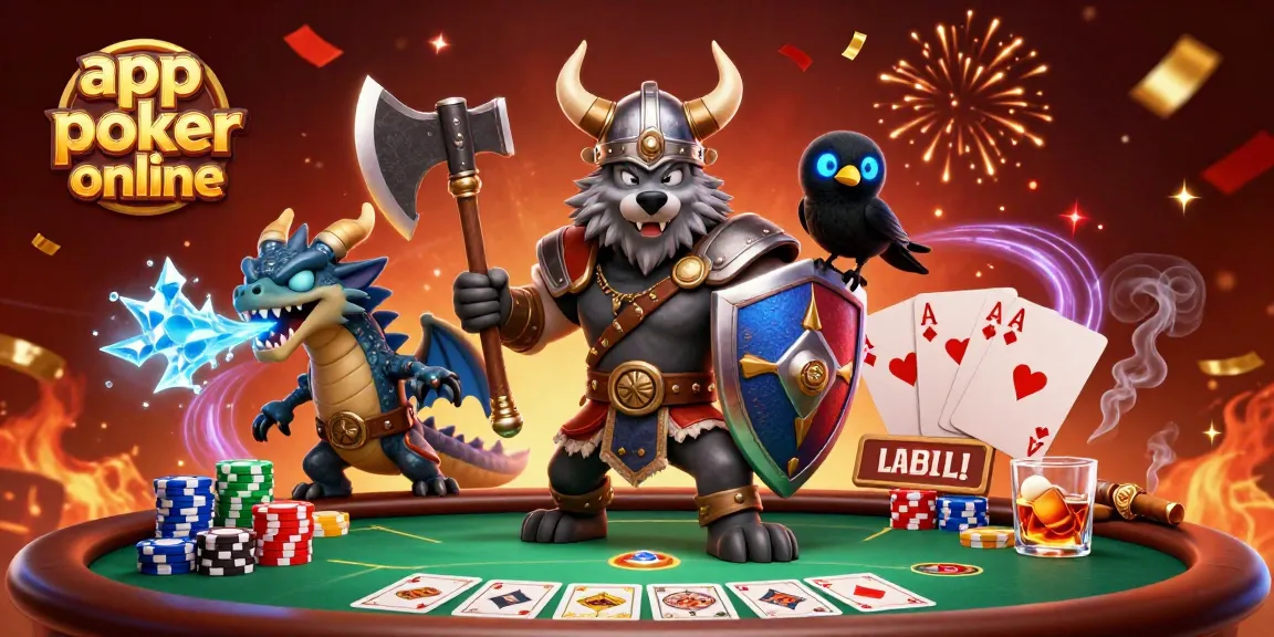 Gioca a poker online con le migliori app poker, leoni, draghi e chips svolazzanti in un'illustrazione ricca di azione.