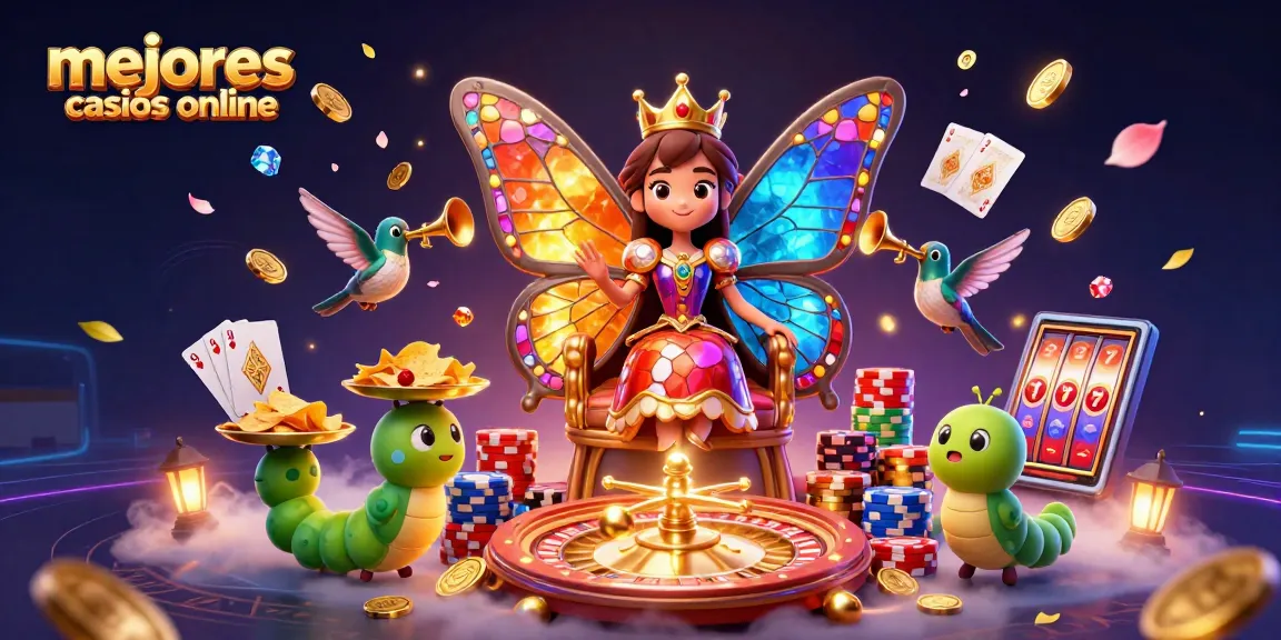 Juego en los mejores casinos online con una ilustración de reina mariposa y elementos de casino.