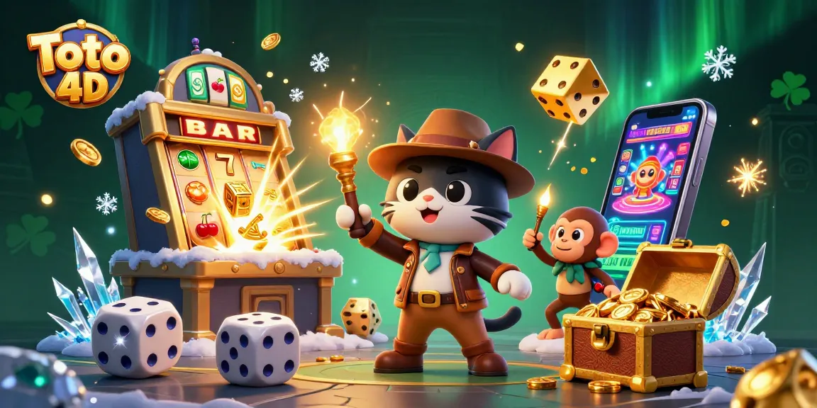 Engage in Toto 4D excitement with a dynamic illustration of an archaeologist cat and treasures in a vibrant casino scene.