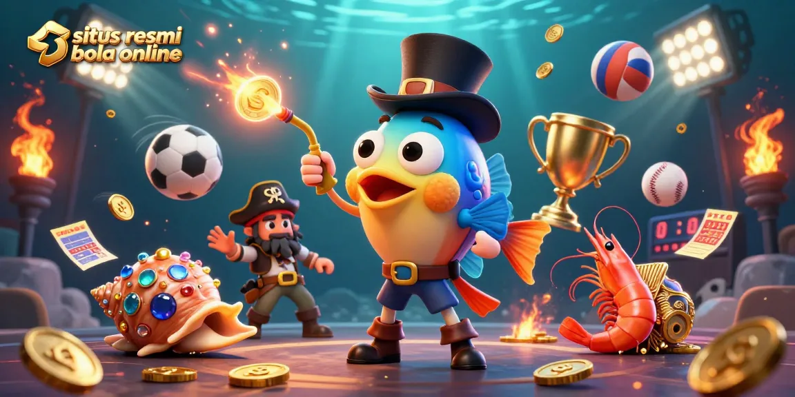 Situs resmi bola online showcases a dynamic underwater scene with anglerfish, shrimp pirate, and gem snail attracting coins.